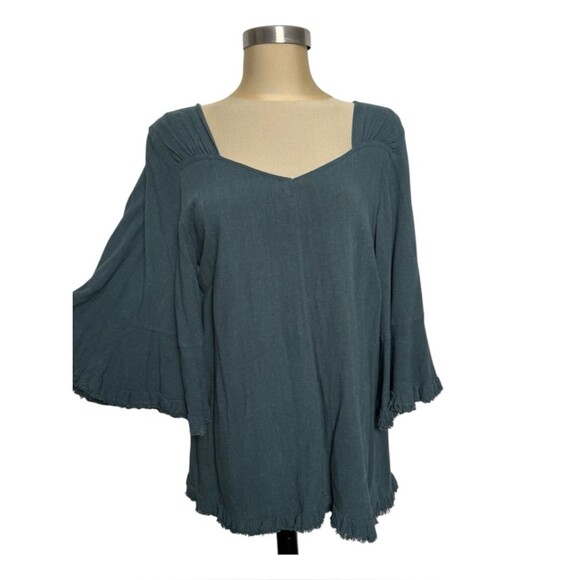 Umgee Tops - Umgee Boho Flowy Tunic Top Slate Blue Bell Sleeve Frayed Hem M